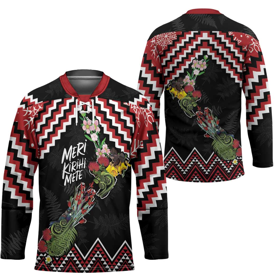 New Zealand Christmas Taniko Poutama Hockey Jersey Flora Map with Birds - Polynesian Pride