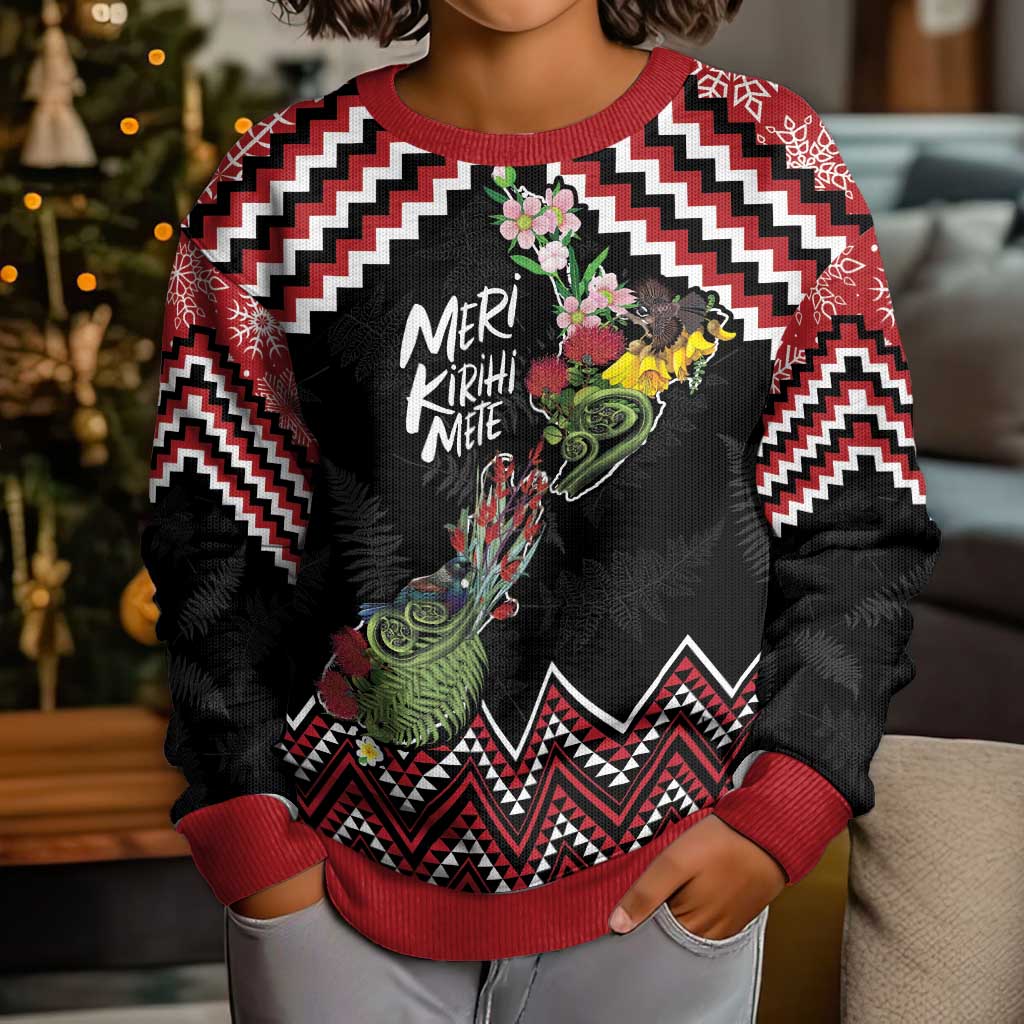 New Zealand Christmas Taniko Poutama Kid Ugly Christmas Sweater Flora Map with Birds - Polynesian Pride