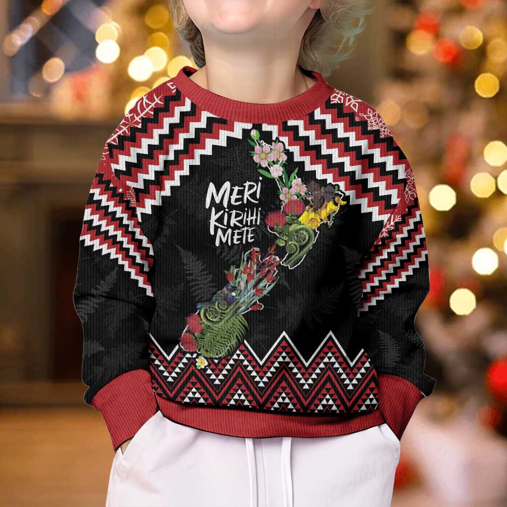New Zealand Christmas Taniko Poutama Kid Ugly Christmas Sweater Flora Map with Birds - Polynesian Pride