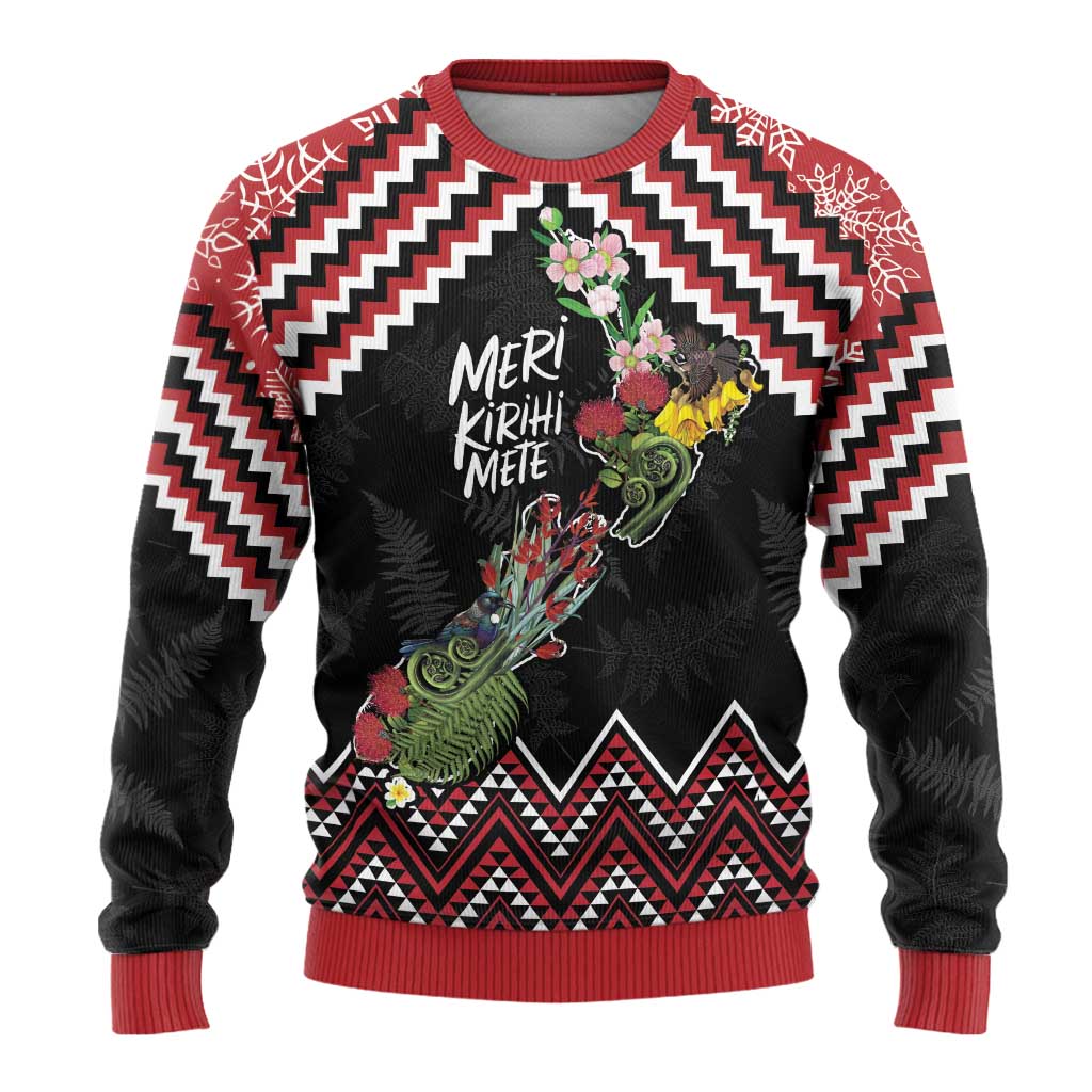 New Zealand Christmas Taniko Poutama Ugly Christmas Sweater Flora Map with Birds - Polynesian Pride