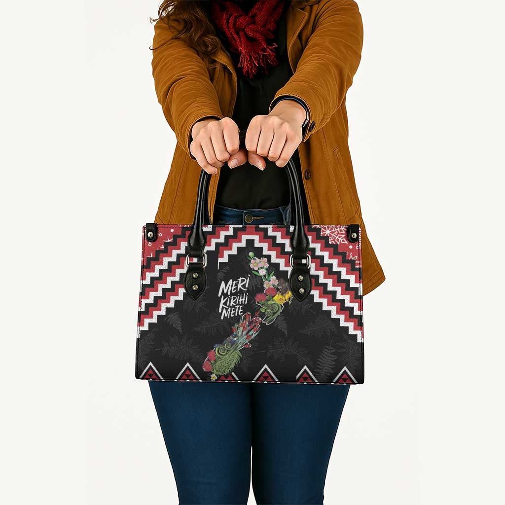 New Zealand Christmas Taniko Poutama Leather Bag Flora Map with Birds - Polynesian Pride