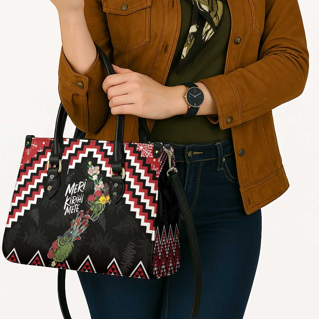 New Zealand Christmas Taniko Poutama Leather Bag Flora Map with Birds - Polynesian Pride