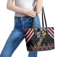New Zealand Christmas Taniko Poutama Leather Tote Bag Flora Map with Birds - Polynesian Pride