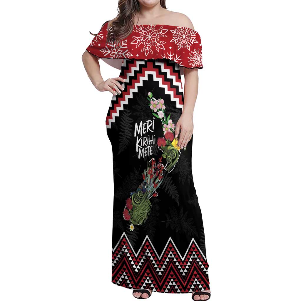New Zealand Christmas Taniko Poutama Off Shoulder Maxi Dress Flora Map with Birds - Polynesian Pride