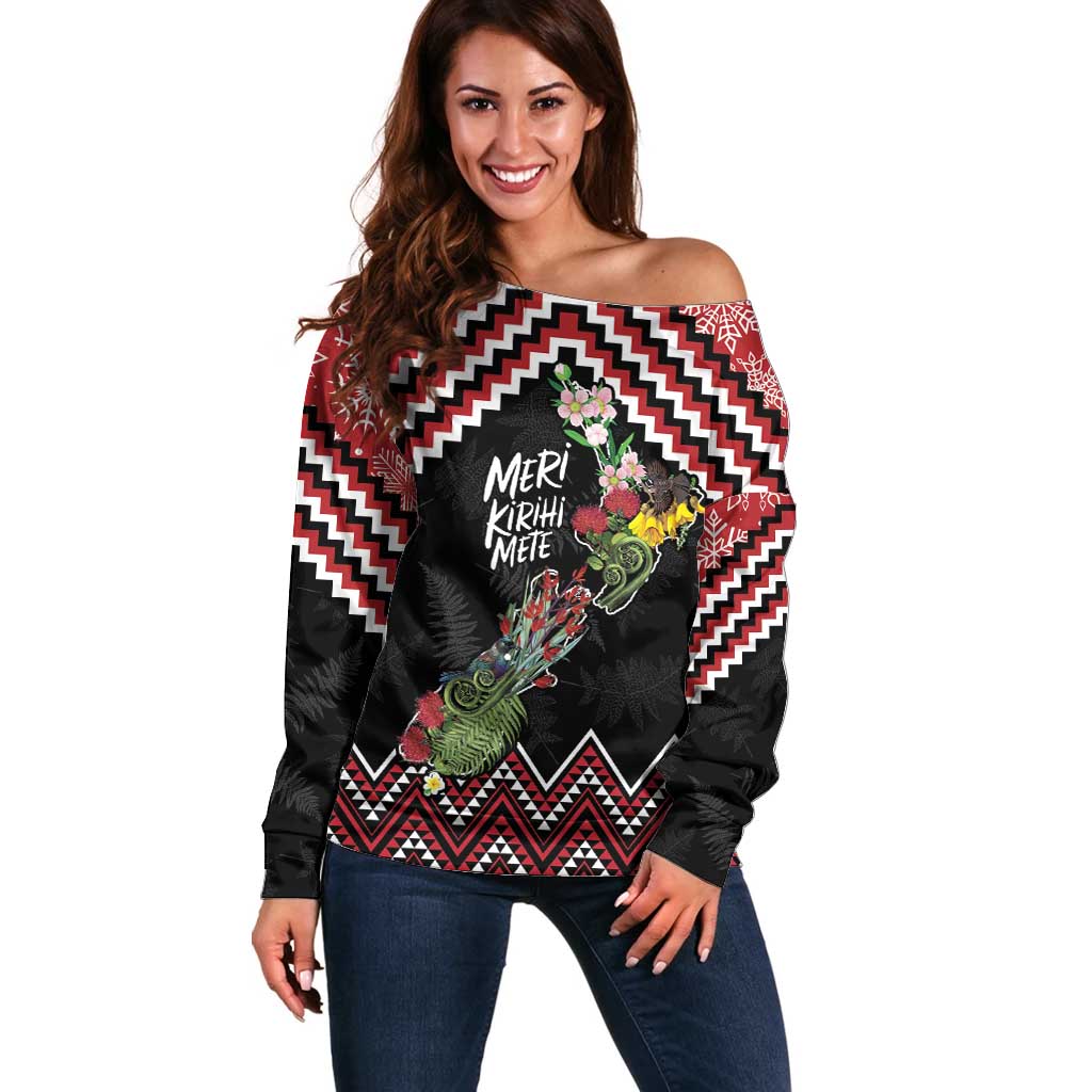 New Zealand Christmas Taniko Poutama Off Shoulder Sweater Flora Map with Birds - Polynesian Pride