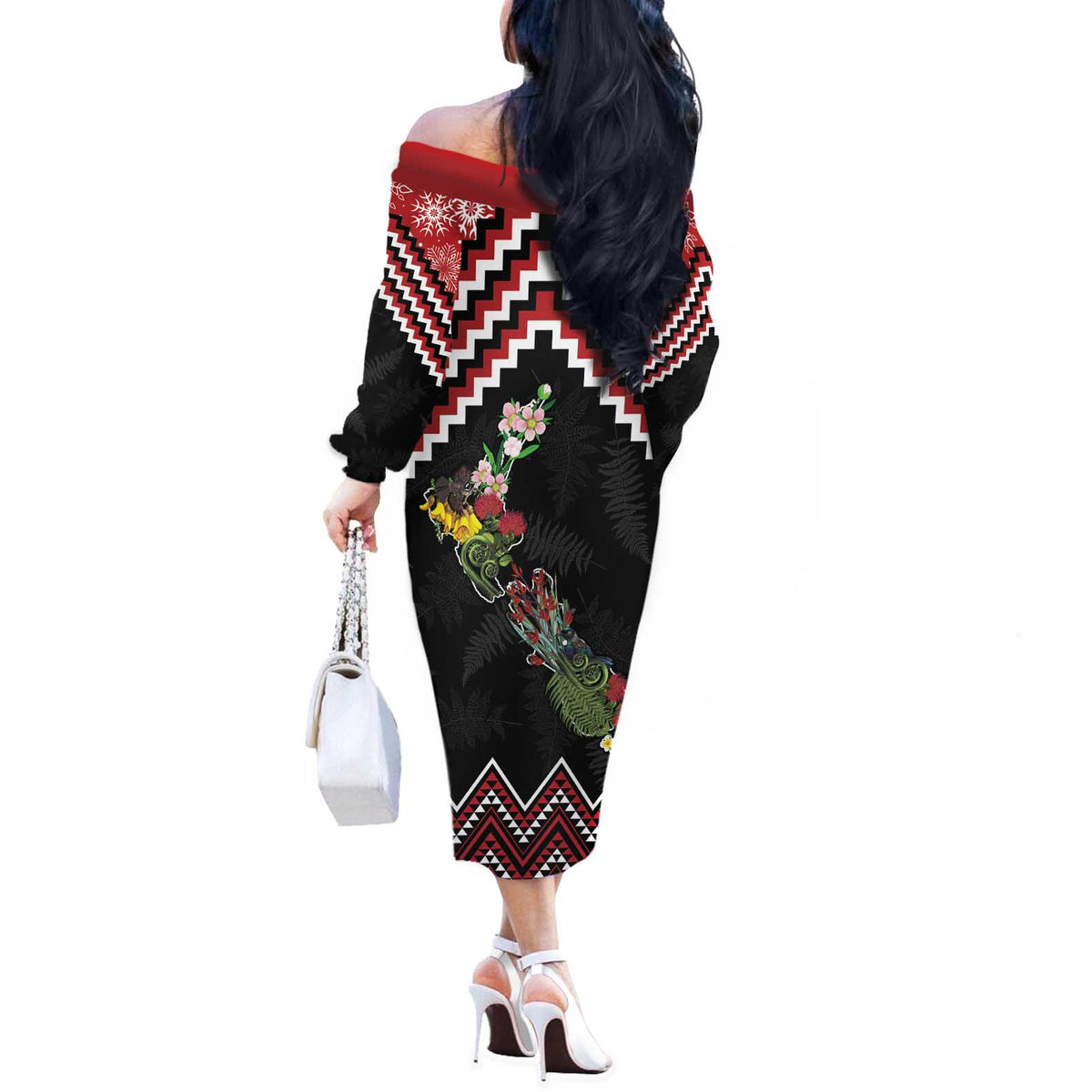 New Zealand Christmas Taniko Poutama Off The Shoulder Long Sleeve Dress Flora Map with Birds - Polynesian Pride