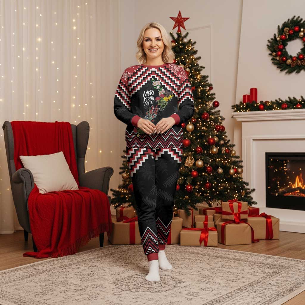 New Zealand Christmas Taniko Poutama Christmas Pajama Set Flora Map with Birds - Polynesian Pride