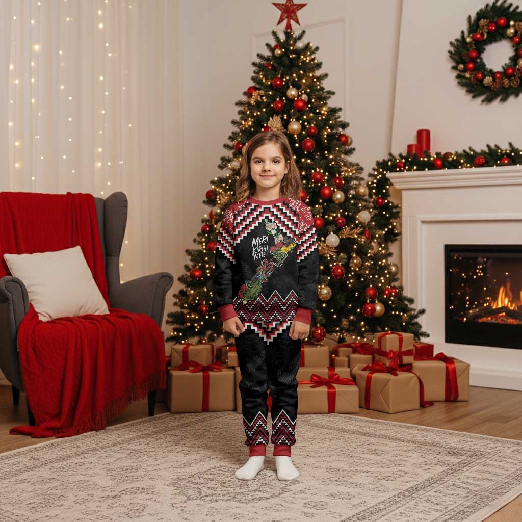 New Zealand Christmas Taniko Poutama Christmas Pajama Set Flora Map with Birds - Polynesian Pride