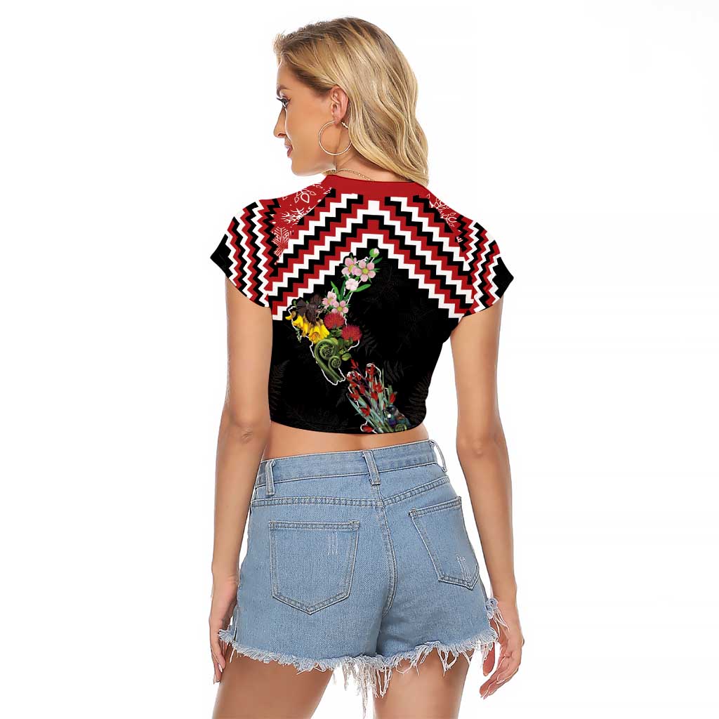 New Zealand Christmas Taniko Poutama Raglan Cropped T Shirt Flora Map with Birds - Polynesian Pride