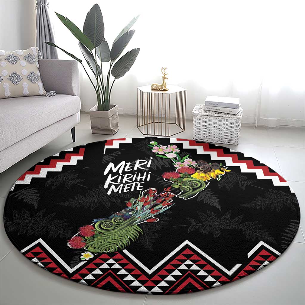 New Zealand Christmas Taniko Poutama Round Carpet Flora Map with Birds LT7 - Polynesian Pride