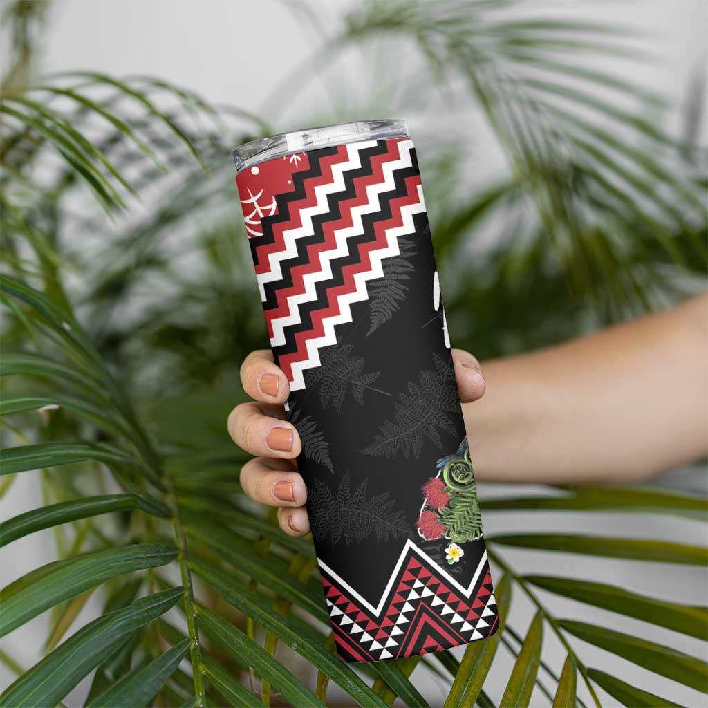 New Zealand Christmas Taniko Poutama Skinny Tumbler Flora Map with Birds - Polynesian Pride