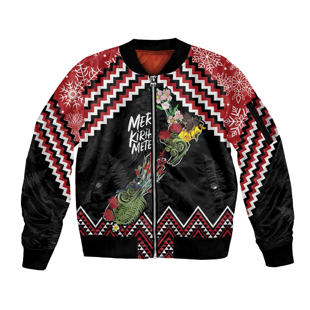 New Zealand Christmas Taniko Poutama Sleeve Zip Bomber Jacket Flora Map with Birds LT7 Unisex Red - Polynesian Pride