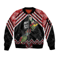 New Zealand Christmas Taniko Poutama Sleeve Zip Bomber Jacket Flora Map with Birds LT7 Unisex Red - Polynesian Pride