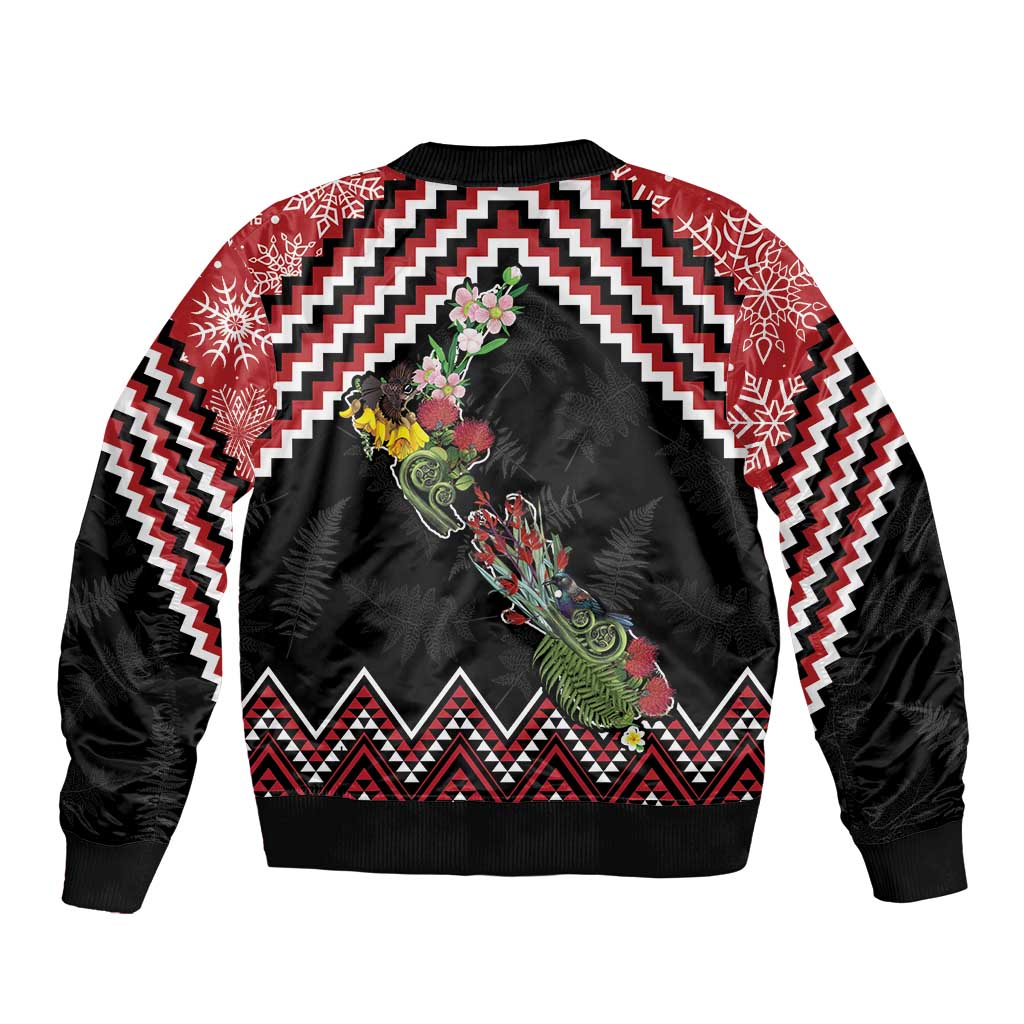 New Zealand Christmas Taniko Poutama Sleeve Zip Bomber Jacket Flora Map with Birds LT7 - Polynesian Pride