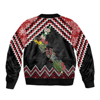 New Zealand Christmas Taniko Poutama Sleeve Zip Bomber Jacket Flora Map with Birds LT7 - Polynesian Pride