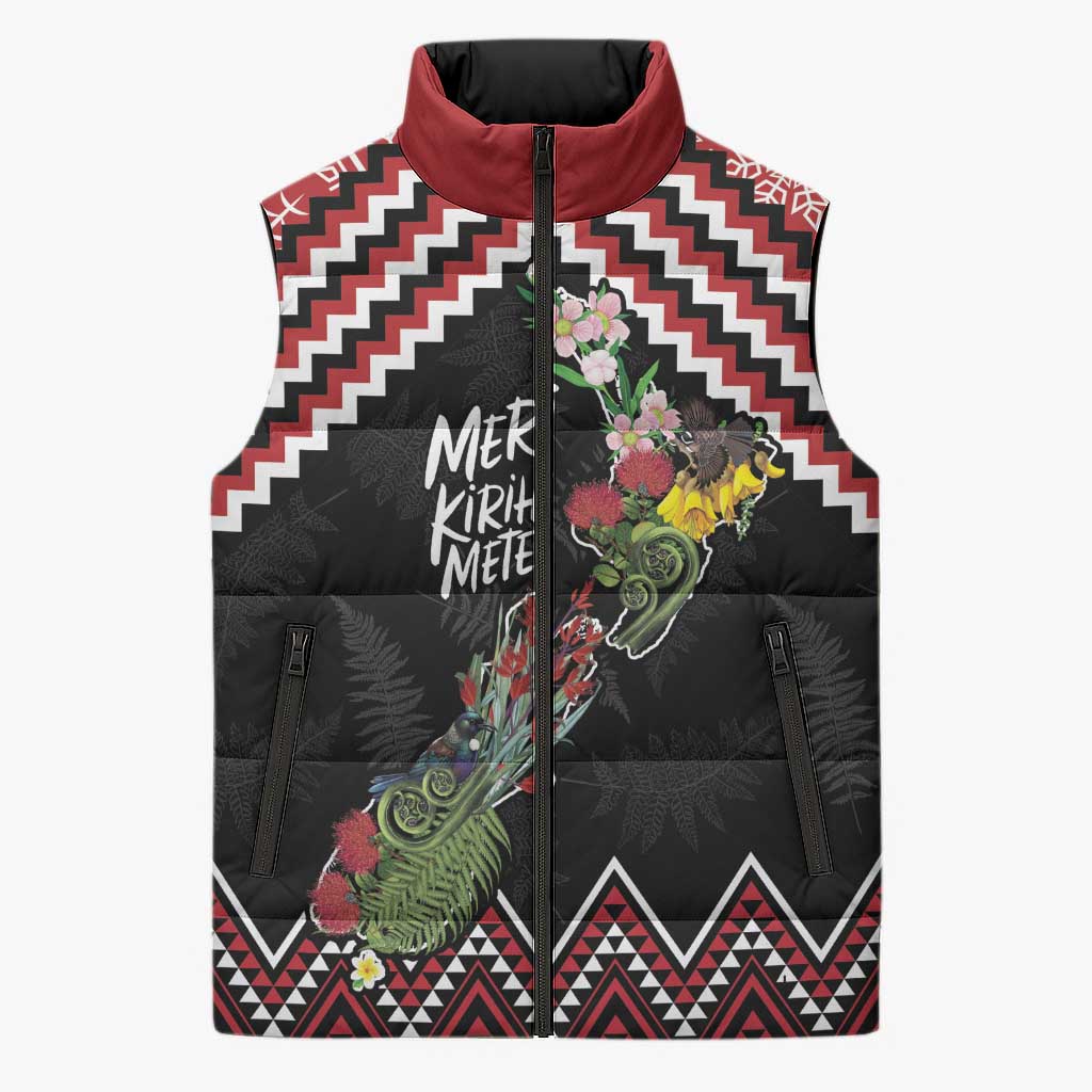 New Zealand Christmas Taniko Poutama Sleeveless Puffer Jacket Flora Map with Birds - Polynesian Pride