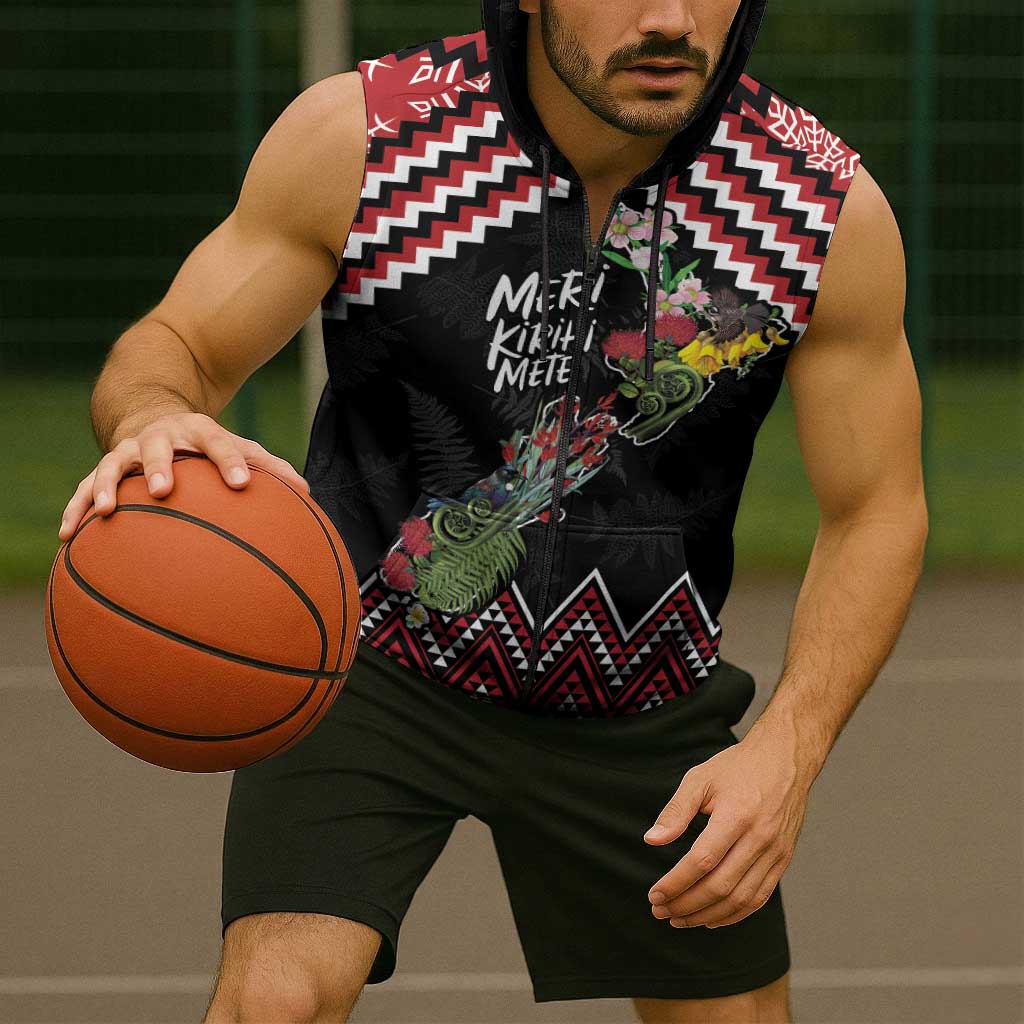 New Zealand Christmas Taniko Poutama Sleeveless Zip Hoodie Flora Map with Birds - Polynesian Pride