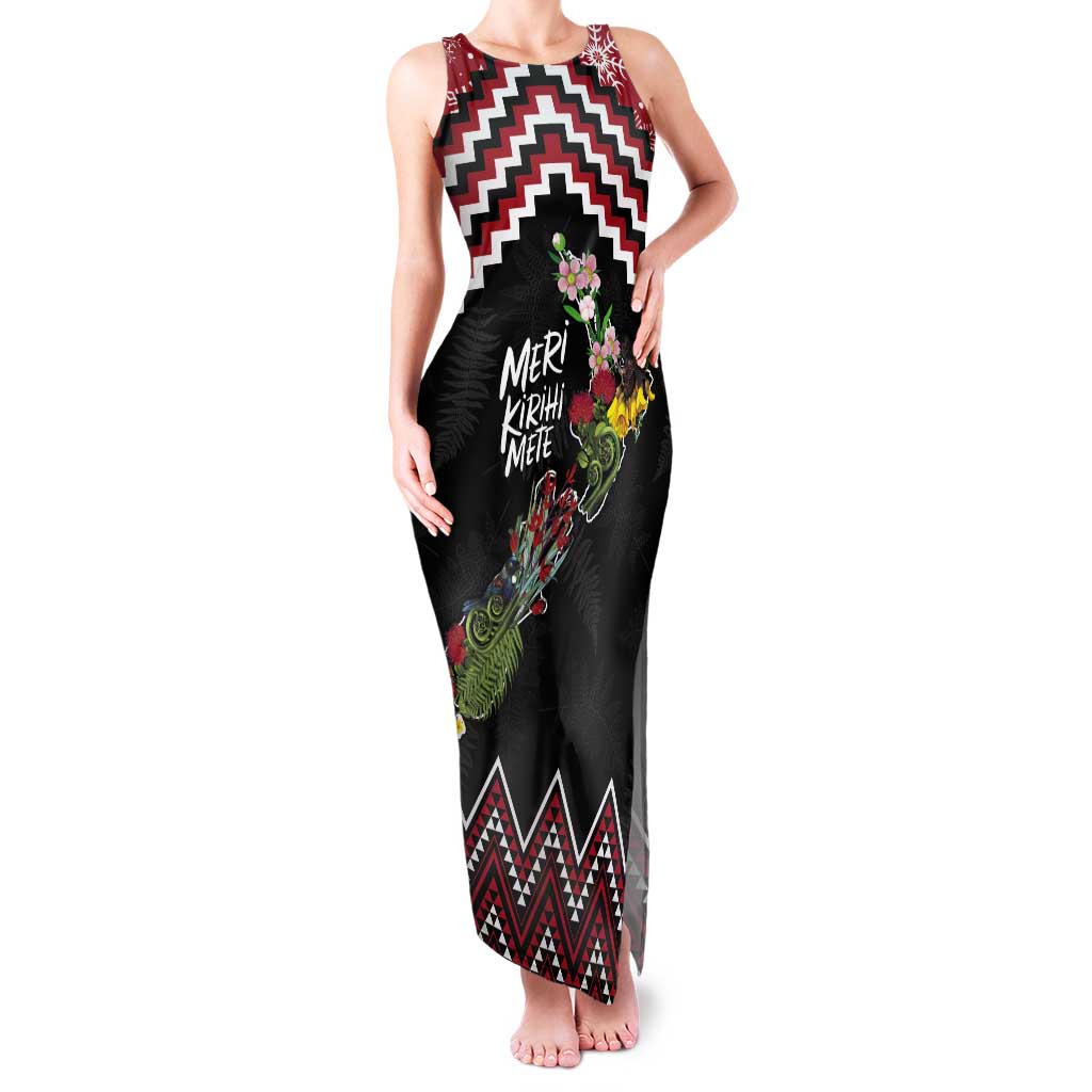 New Zealand Christmas Taniko Poutama Tank Maxi Dress Flora Map with Birds - Polynesian Pride