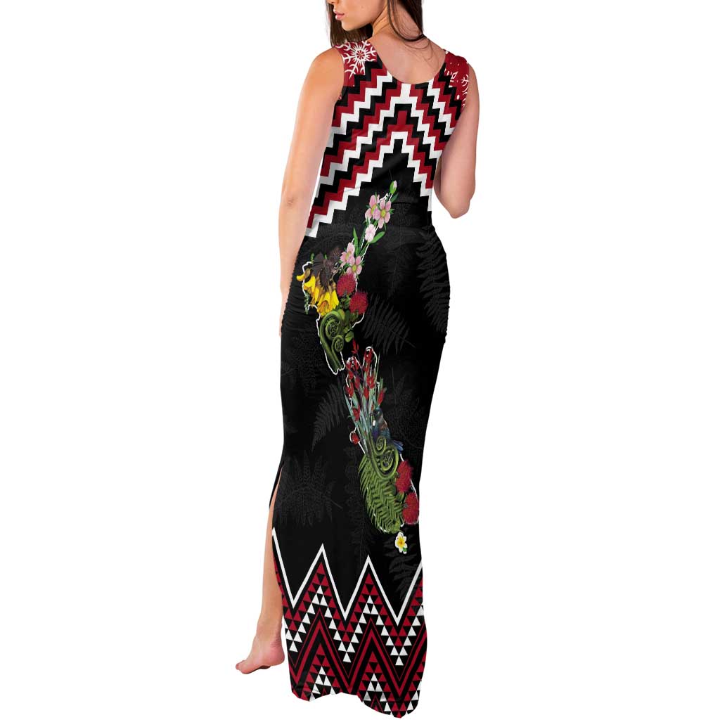 New Zealand Christmas Taniko Poutama Tank Maxi Dress Flora Map with Birds - Polynesian Pride