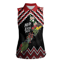 New Zealand Christmas Taniko Poutama Women Sleeveless Polo Shirt Flora Map with Birds LT7 Female Red - Polynesian Pride
