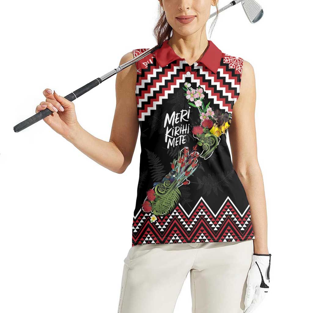 New Zealand Christmas Taniko Poutama Women Sleeveless Polo Shirt Flora Map with Birds LT7 - Polynesian Pride