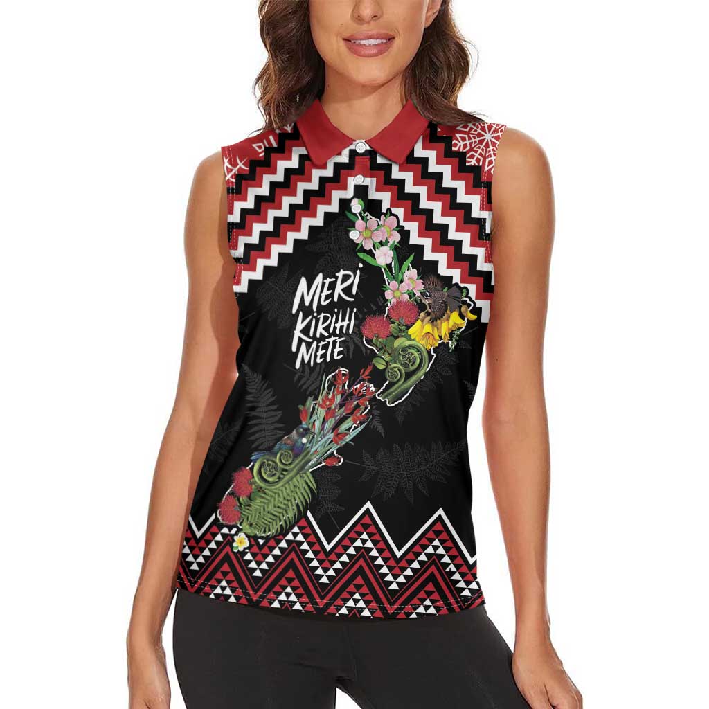 New Zealand Christmas Taniko Poutama Women Sleeveless Polo Shirt Flora Map with Birds LT7 - Polynesian Pride