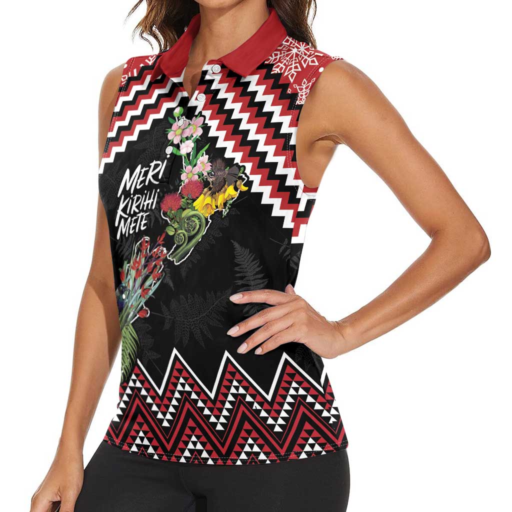 New Zealand Christmas Taniko Poutama Women Sleeveless Polo Shirt Flora Map with Birds LT7 - Polynesian Pride
