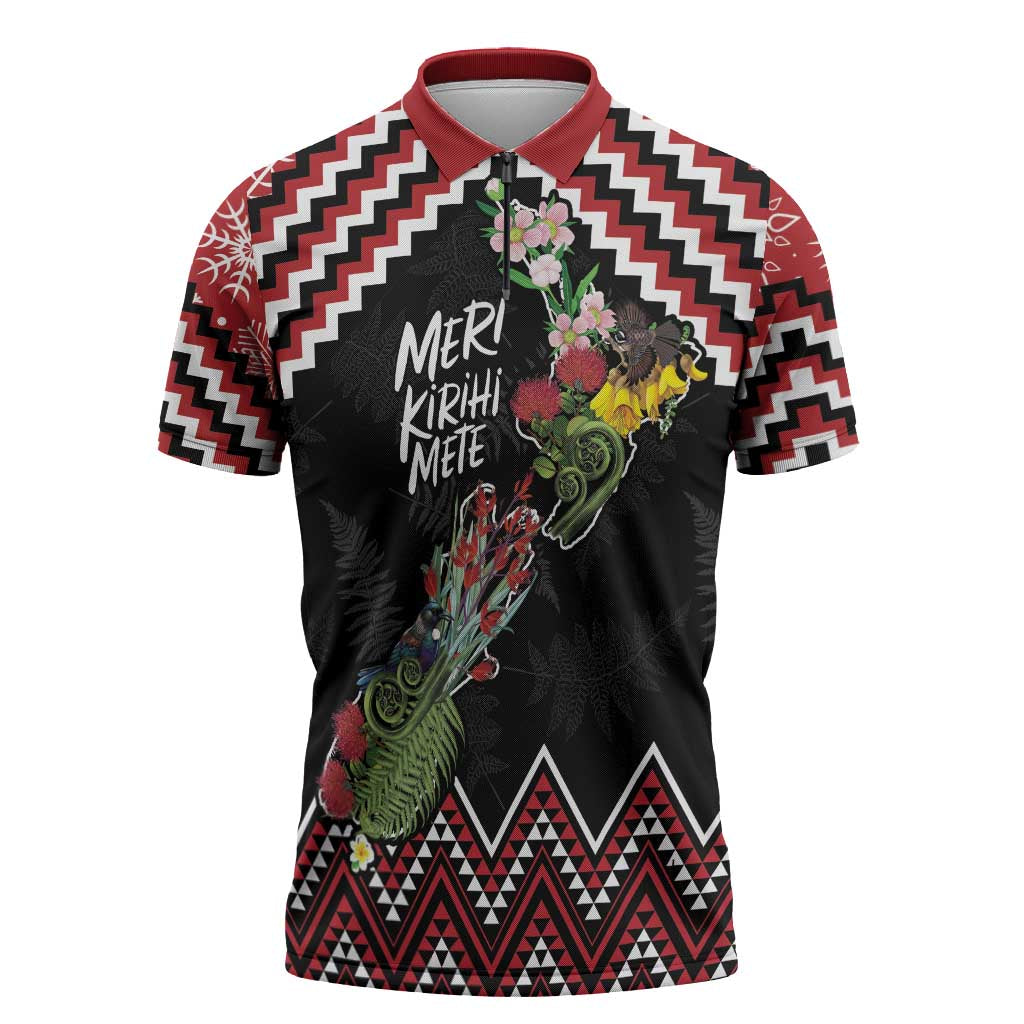 New Zealand Christmas Taniko Poutama Zipper Polo Shirt Flora Map with Birds - Polynesian Pride