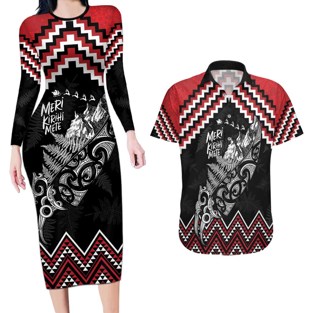 New Zealand Christmas Taniko Poutama Couples Matching Long Sleeve Bodycon Dress and Hawaiian Shirt Mountainscape Maori Fern LT7 Black - Polynesian Pride
