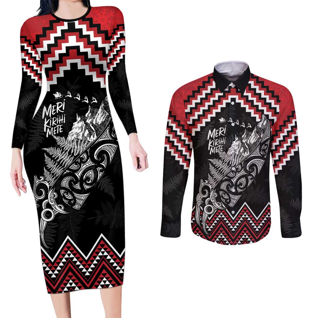 New Zealand Christmas Taniko Poutama Couples Matching Long Sleeve Bodycon Dress and Long Sleeve Button Shirt Mountainscape Maori Fern LT7 Black - Polynesian Pride