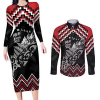 New Zealand Christmas Taniko Poutama Couples Matching Long Sleeve Bodycon Dress and Long Sleeve Button Shirt Mountainscape Maori Fern LT7 Black - Polynesian Pride