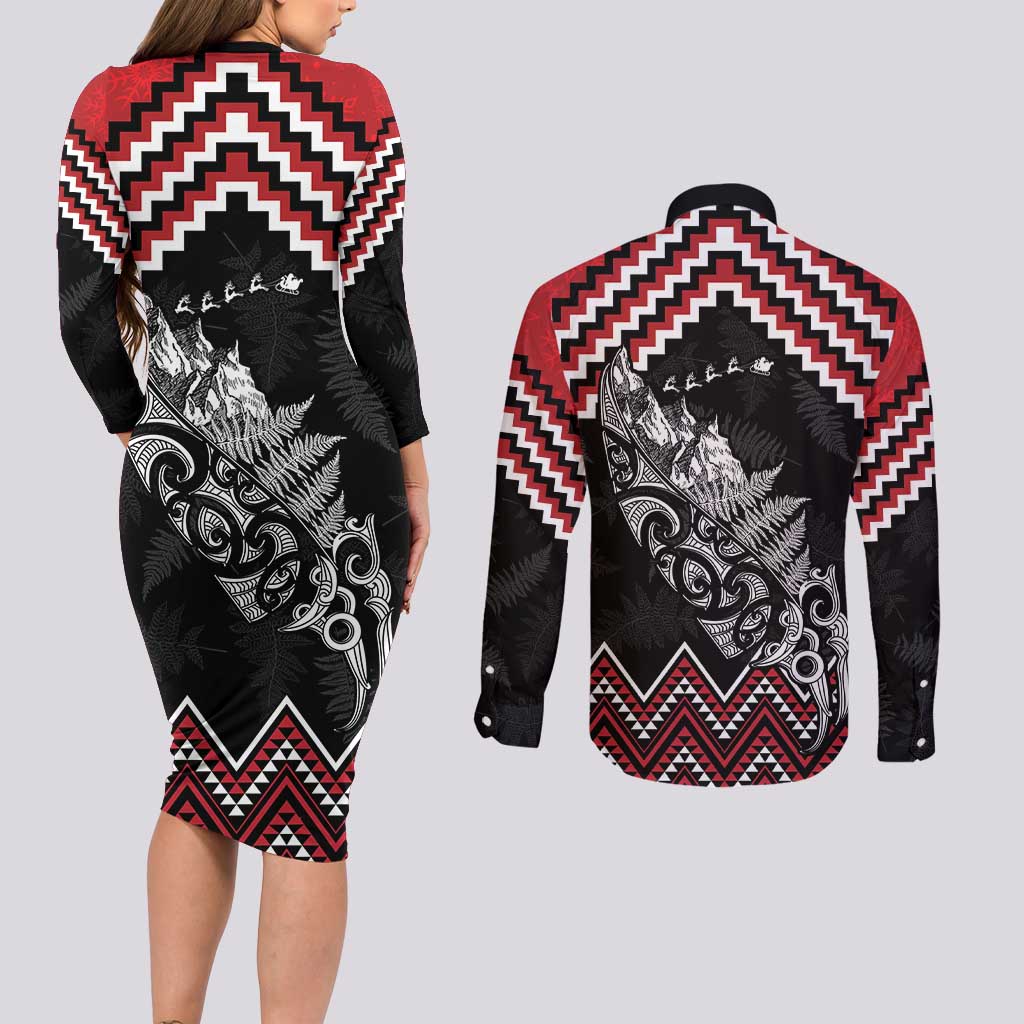 New Zealand Christmas Taniko Poutama Couples Matching Long Sleeve Bodycon Dress and Long Sleeve Button Shirt Mountainscape Maori Fern LT7 - Polynesian Pride