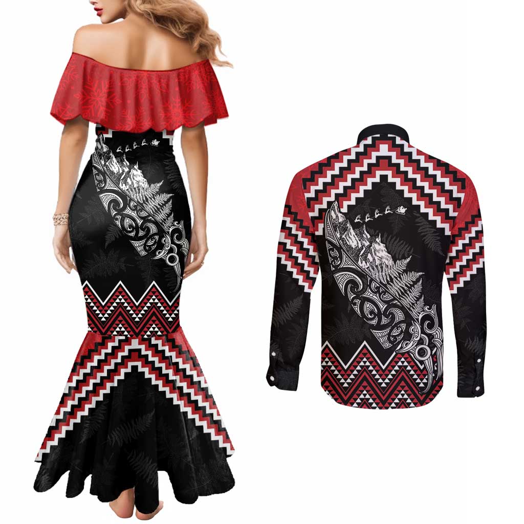 New Zealand Christmas Taniko Poutama Couples Matching Mermaid Dress and Long Sleeve Button Shirt Mountainscape Maori Fern LT7 - Polynesian Pride