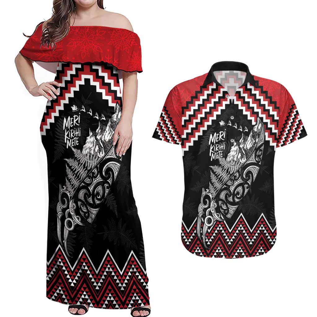 New Zealand Christmas Taniko Poutama Couples Matching Off Shoulder Maxi Dress and Hawaiian Shirt Mountainscape Maori Fern LT7 Black - Polynesian Pride