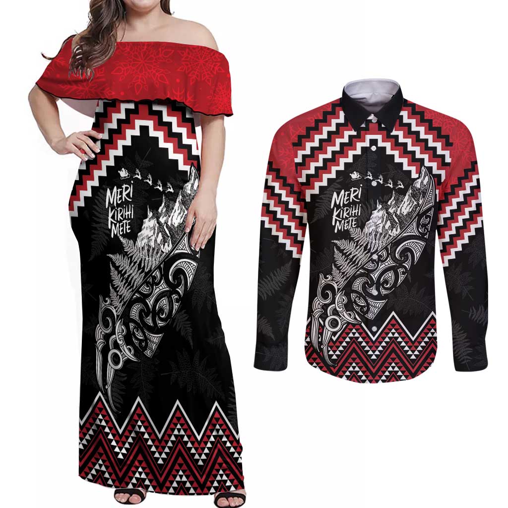 New Zealand Christmas Taniko Poutama Couples Matching Off Shoulder Maxi Dress and Long Sleeve Button Shirt Mountainscape Maori Fern LT7 Black - Polynesian Pride