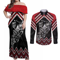 New Zealand Christmas Taniko Poutama Couples Matching Off Shoulder Maxi Dress and Long Sleeve Button Shirt Mountainscape Maori Fern LT7 Black - Polynesian Pride