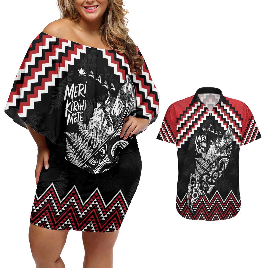 New Zealand Christmas Taniko Poutama Couples Matching Off Shoulder Short Dress and Hawaiian Shirt Mountainscape Maori Fern LT7 Black - Polynesian Pride