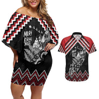 New Zealand Christmas Taniko Poutama Couples Matching Off Shoulder Short Dress and Hawaiian Shirt Mountainscape Maori Fern LT7 Black - Polynesian Pride