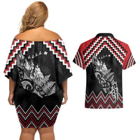 New Zealand Christmas Taniko Poutama Couples Matching Off Shoulder Short Dress and Hawaiian Shirt Mountainscape Maori Fern LT7 - Polynesian Pride