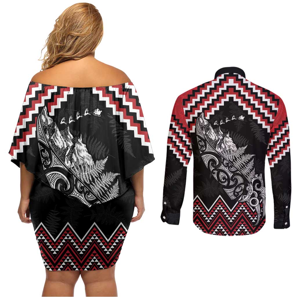 New Zealand Christmas Taniko Poutama Couples Matching Off Shoulder Short Dress and Long Sleeve Button Shirt Mountainscape Maori Fern LT7 - Polynesian Pride