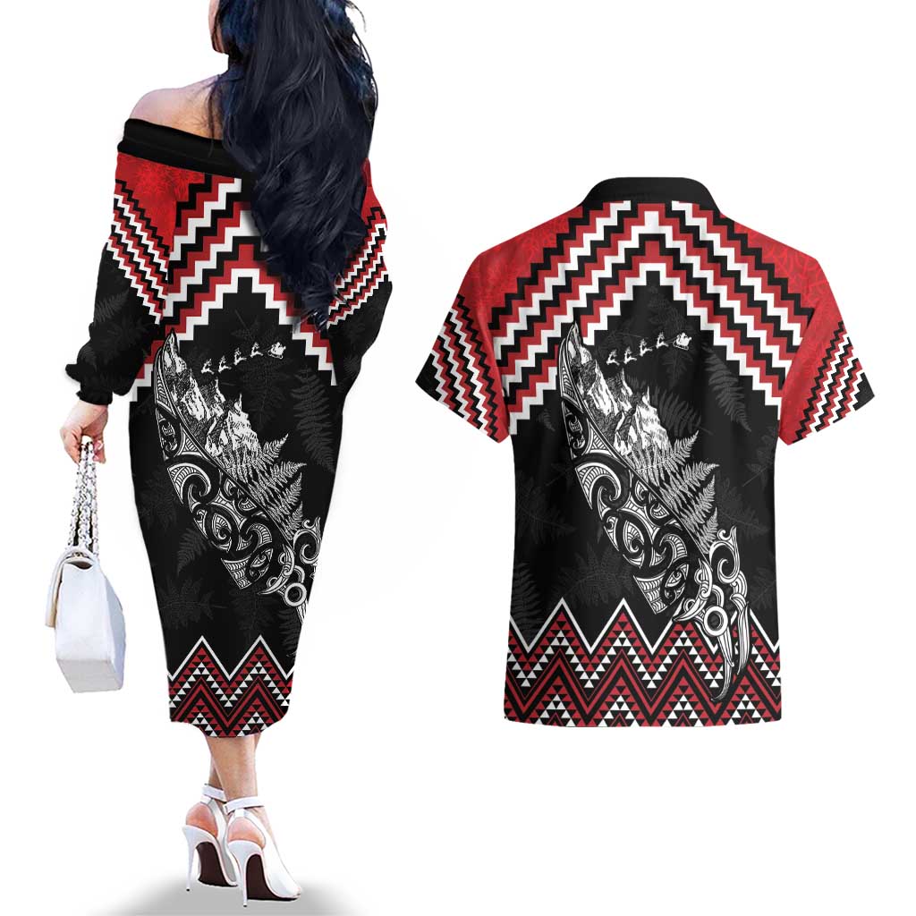 New Zealand Christmas Taniko Poutama Couples Matching Off The Shoulder Long Sleeve Dress and Hawaiian Shirt Mountainscape Maori Fern LT7 - Polynesian Pride