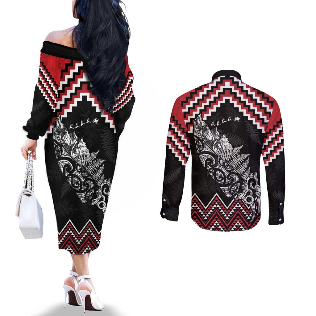 New Zealand Christmas Taniko Poutama Couples Matching Off The Shoulder Long Sleeve Dress and Long Sleeve Button Shirt Mountainscape Maori Fern LT7 - Polynesian Pride