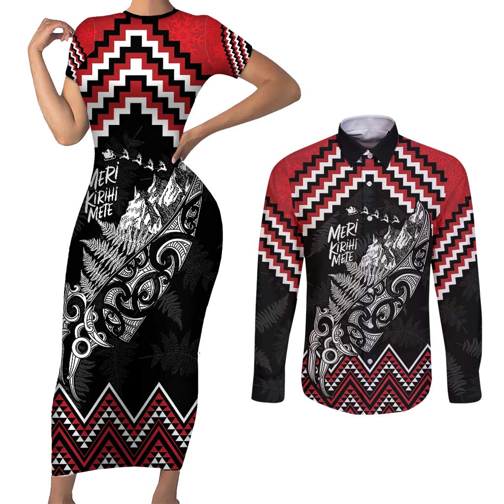 New Zealand Christmas Taniko Poutama Couples Matching Short Sleeve Bodycon Dress and Long Sleeve Button Shirt Mountainscape Maori Fern LT7 Black - Polynesian Pride