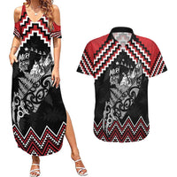 New Zealand Christmas Taniko Poutama Couples Matching Summer Maxi Dress and Hawaiian Shirt Mountainscape Maori Fern LT7 Black - Polynesian Pride