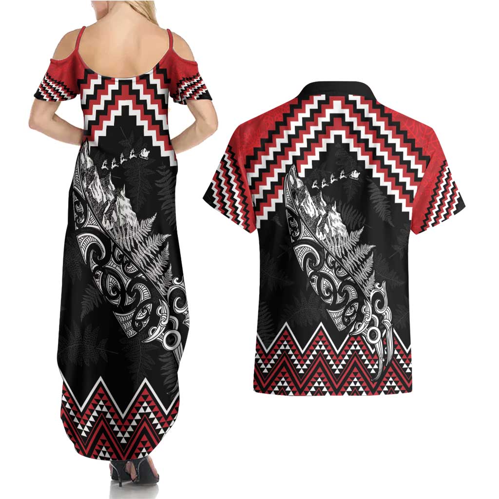New Zealand Christmas Taniko Poutama Couples Matching Summer Maxi Dress and Hawaiian Shirt Mountainscape Maori Fern LT7 - Polynesian Pride