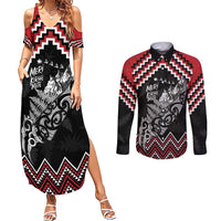 New Zealand Christmas Taniko Poutama Couples Matching Summer Maxi Dress and Long Sleeve Button Shirt Mountainscape Maori Fern LT7 Black - Polynesian Pride