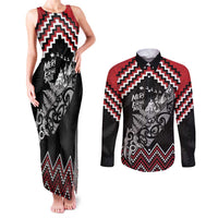 New Zealand Christmas Taniko Poutama Couples Matching Tank Maxi Dress and Long Sleeve Button Shirt Mountainscape Maori Fern LT7 Black - Polynesian Pride