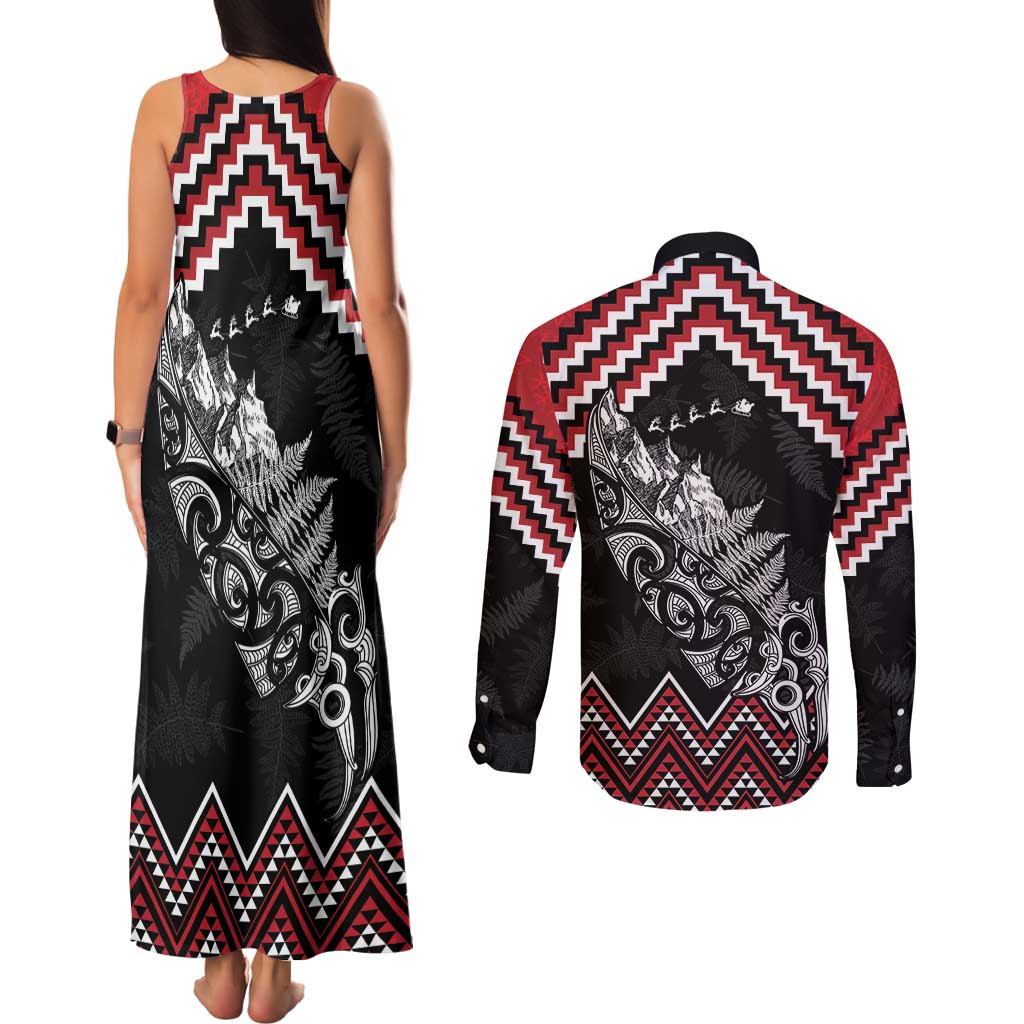 New Zealand Christmas Taniko Poutama Couples Matching Tank Maxi Dress and Long Sleeve Button Shirt Mountainscape Maori Fern LT7 - Polynesian Pride