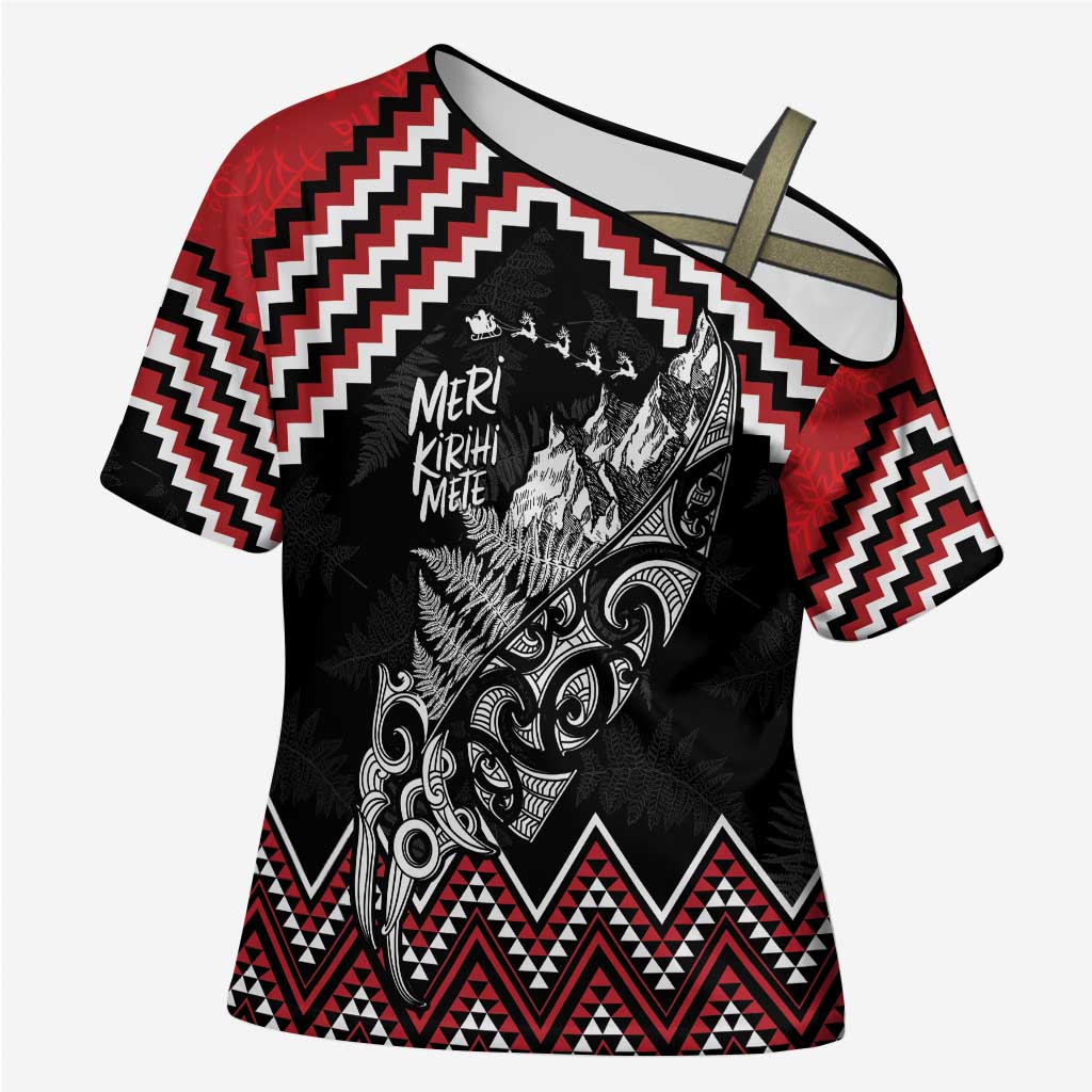 New Zealand Christmas Taniko Poutama Cross Shoulder Shirt Mountainscape Maori Fern - Polynesian Pride