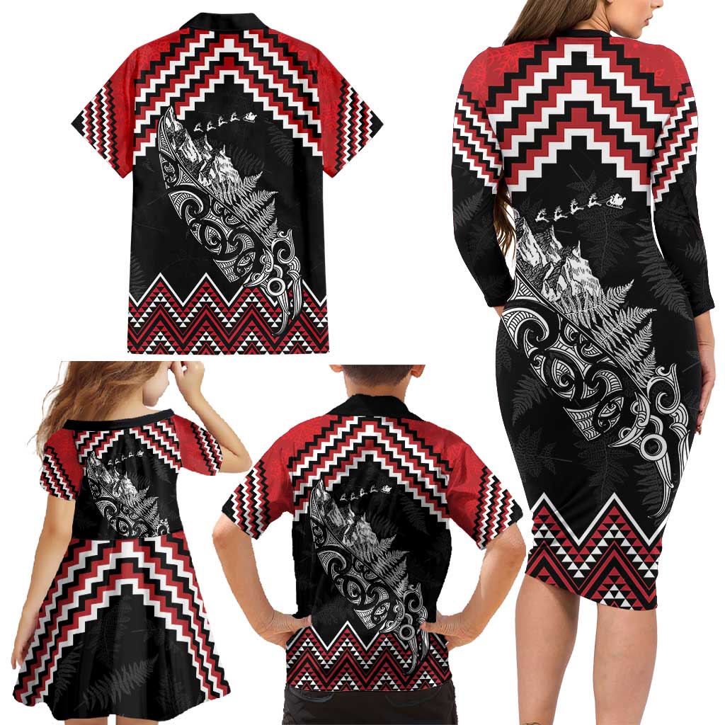 New Zealand Christmas Taniko Poutama Family Matching Long Sleeve Bodycon Dress and Hawaiian Shirt Mountainscape Maori Fern LT7 - Polynesian Pride